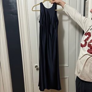 Navy Silk Midi Sleeveless Dress